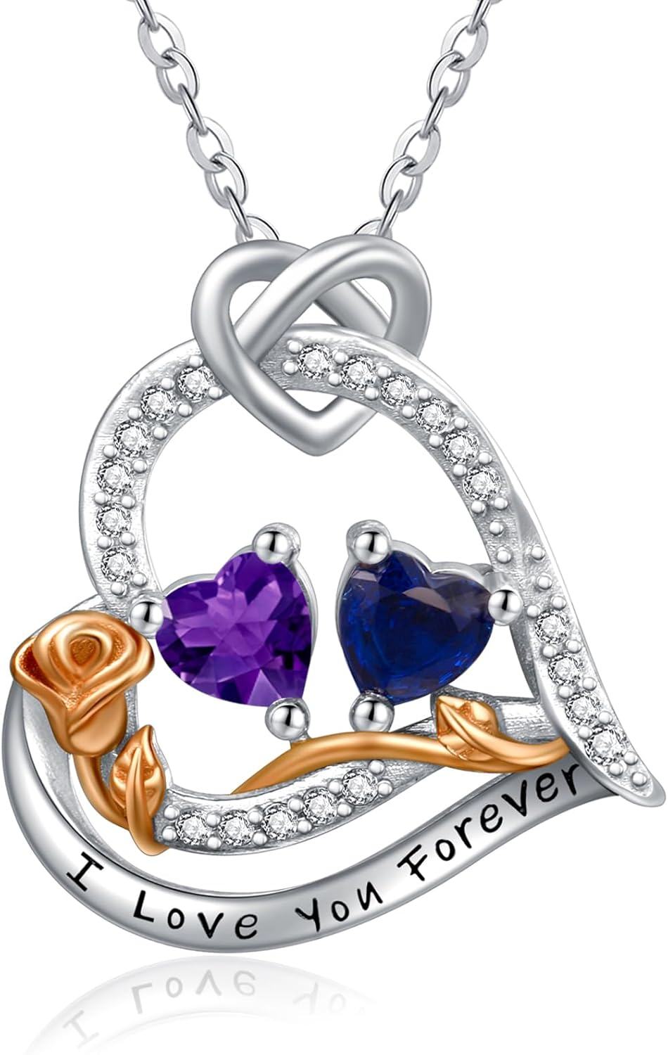  Sterling Silver 2 Birthstones Rose Heart Necklace for Women -02-09-Feb-Sept