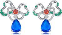 wholesale 925 Sterling Silver 925 Blue Teardrop & Red Round Stone Clover Bow Dangle Drop Earrings for Women-Bow-Blue