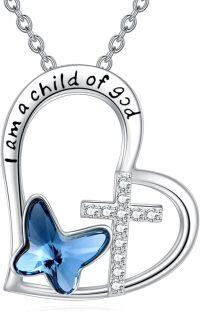wholesale 925 Sterling Silver Cross & Blue Crystal Butterfly Pendant Necklace-Cross Necklace