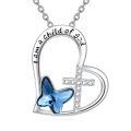 wholesale 925 Sterling Silver Child Of God Heart Cross Blue Butterfly Crystal Pendant Necklace-0-0