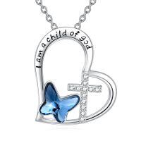 wholesale 925 Sterling Silver Child Of God Heart Cross Blue Butterfly Crystal Pendant Necklace-Cross Necklace