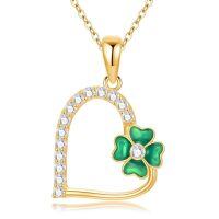 wholesale 14k Gold Heart Pendant With Green Clover And Diamonds-Yellow