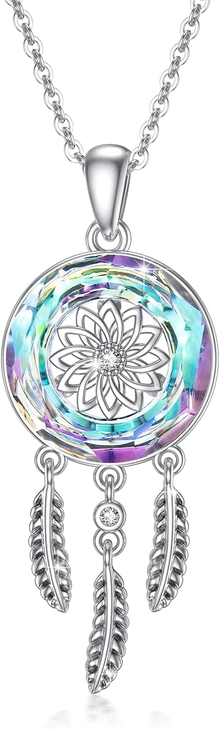 wholesale 925 Sterling Silver Dreamcatcher Feather Pendant Necklaces with Austrian Crystals for Women and Girls-0-0