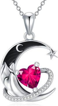 wholesale  Sterling Silver Birthstone Moon Star Heart Pendant Necklace -07-Jul-Ruby
