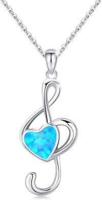 wholesale 925 Sterling Silver Blue Fire Opal Heart Treble Clef Pendant Necklace for Women-Blue
