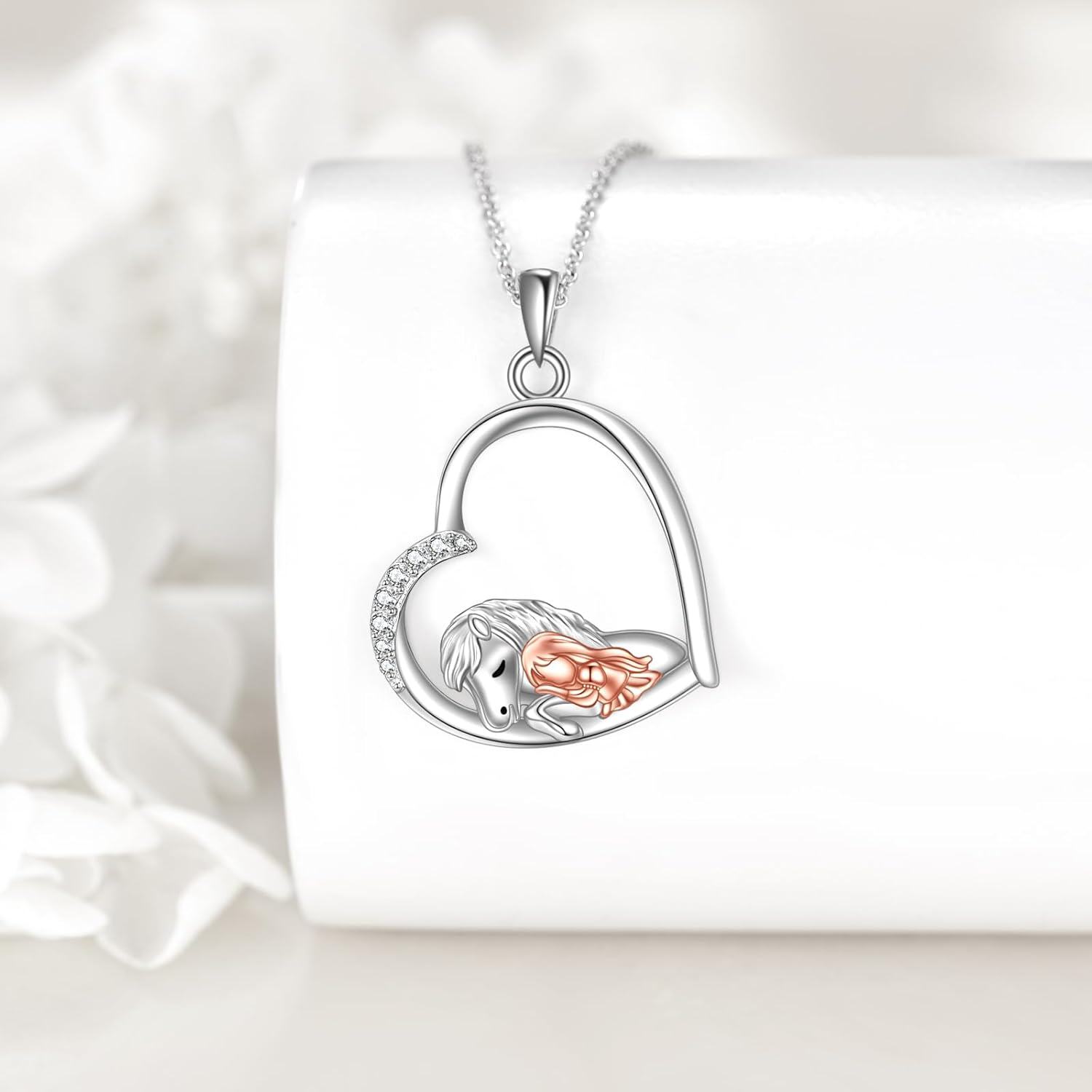 wholesale 925 Sterling Silver Opal Horse Pendant Necklace with Rose Gold Plated Accents and Chain - Gift for Equestrian Lovers-0-3