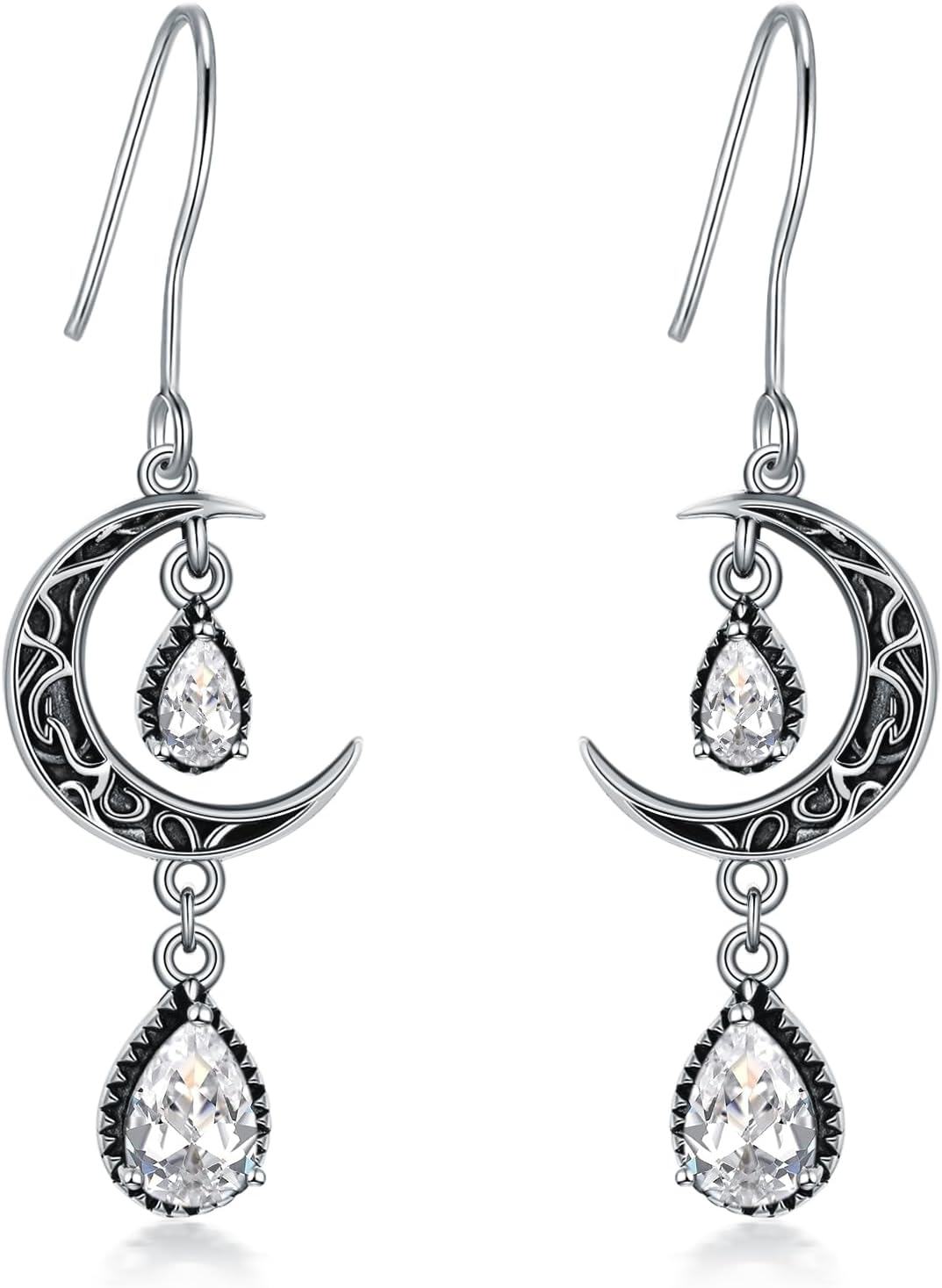 wholesale Sterling Silver Moon Earrings w Emerald Amethyst Ruby Sapphire Pink Peridot Aquamarine Citrine Black Rainbow Topaz Celtic Dangle Drops-White