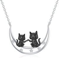 wholesale 925 Sterling Silver Black Cats & Stars Crescent Moon Pendant Necklace for Women-Two Cats&Star Moon