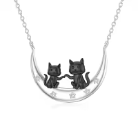 wholesale 925 Sterling Silver Black Cats & Stars Crescent Moon Pendant Necklaces Wholesale for Women-Two Cats&Star Moon