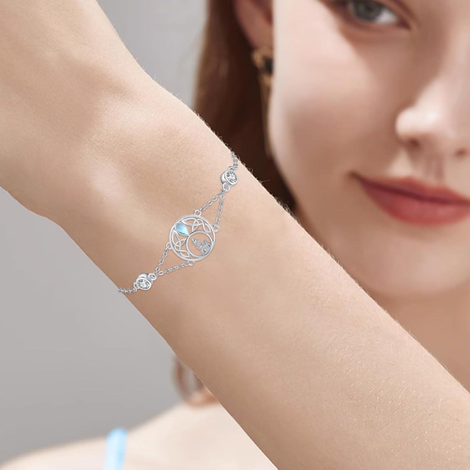 wholesale 925 Sterling Silver Moonstone Wolf Adjustable Howling Bracelet for Women-0-4