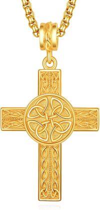 wholesale Gold 925 Sterling Silver Celtic Cross Pendant on Rolo Chain - Irish Knot Protection Jewelry for Men (22+2) -Celtic Cross-D (Gold)