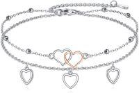 wholesale 925 Sterling Silver Double Heart Charm Anklet with 3 Open Hearts and Rose Gold Accent - Adjustable Size for Women & Girls-Heart ankle bracelet celtic