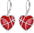 wholesale 925 Sterling Silver Red Enamel Basketball Heart Dangle Earrings Sports Gifts for Her-0-0