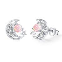 wholesale 925 Sterling Silver Pink Opal Moon & Stars Stud Earrings Celestial s for Women Girls-02-Moon(Pink Opal)