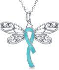 wholesale 925 Sterling Silver Dragonfly Teal Ribbon Cross Pendant Necklace for Women's Ovarian Cancer Awareness Gifts-0-0