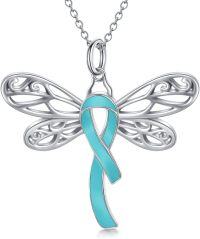 wholesale 925 Sterling Silver Dragonfly Teal Ribbon Cross Pendant Necklace for Women's Ovarian Cancer Awareness Gifts-02-Dragonfly-teal-Ovarian Cancer-02-Dragonfly-teal-Ovarian Cancer