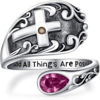 wholesale Sterling Silver with 12 Teardrop Birthstones Vintage Cross Spoon Ring With God All Things Possible Adjustable Faith Ring-October