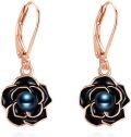 wholesale 925 Sterling Silver Black Enamel & Blue Pearl Rose Drop Earrings-0-0