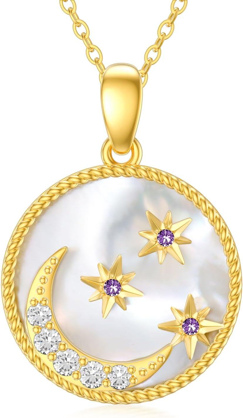 Yellow Gold 14K Moon Pendant Necklace for Women with Stone-0-0