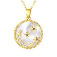 wholesale 14k Gold Crescent Moon And Stars Pendant With Mother Of Pearl And Purple Gemstones-Style2-Moon Star