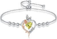 wholesale 925 Sterling Silver Rose Heart Birthstone Butterfly Bracelet for Women-08-August-Peridot