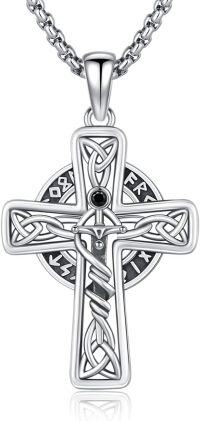 wholesale 925 Sterling Silver Celtic Knot Cross Pendant with Black Onyx and Norse Runes - Viking Valknut Wolf Jewelry for Men & Women -Sword