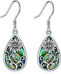 wholesale 925 Sterling Silver Metal Stone Abalone Shell Teardrop Sunflower Celtic Tree Triple Moon Goddess Dangle Earrings for Women-3-Sunflower Earrings