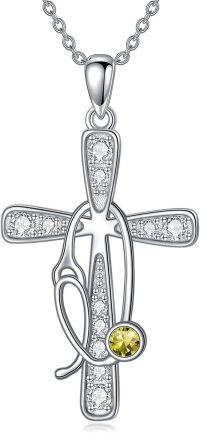 wholesale 925 Sterling Silver Birthstone Crystals Stethoscope Necklace for Nurse Doctor Medical Student-8-Aug-Peridot