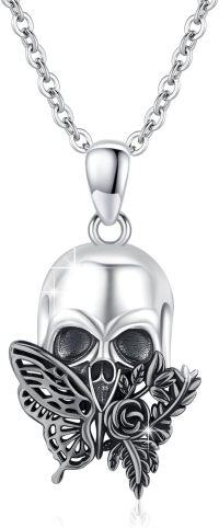 wholesale 925 Sterling Silver Butterfly & Rose Skull Pendant Gothic Necklace for Women and Men-Skull Rose Necklace - Black