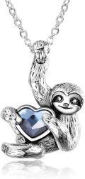 wholesale 925 Sterling Silver Blue Crystal Heart Sloth Pendant Necklace for Women and Men-0-0