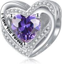 wholesale 925 Sterling Silver Heart Birthstone Charms for Bracelets Jewelry Gifts-Bead - Feb - Amethyst