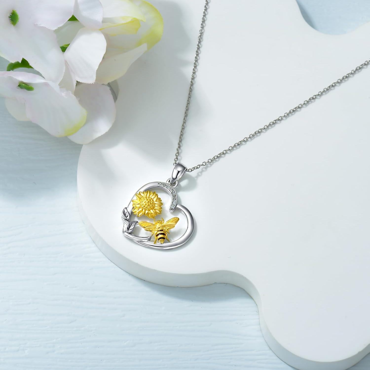 wholesale 925 Sterling Silver Sunflower & Honeybee Heart Pendant Necklace for Women Girls -0-2