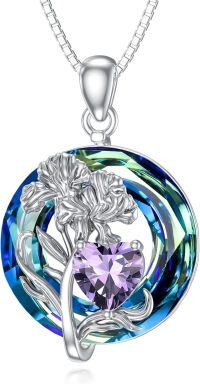 wholesale 925 Sterling Silver Crystal Birth Flower Birthstone Necklace 12 Month Floral Pendant Jewelry Women s Birthday Gift-02-February-Iris