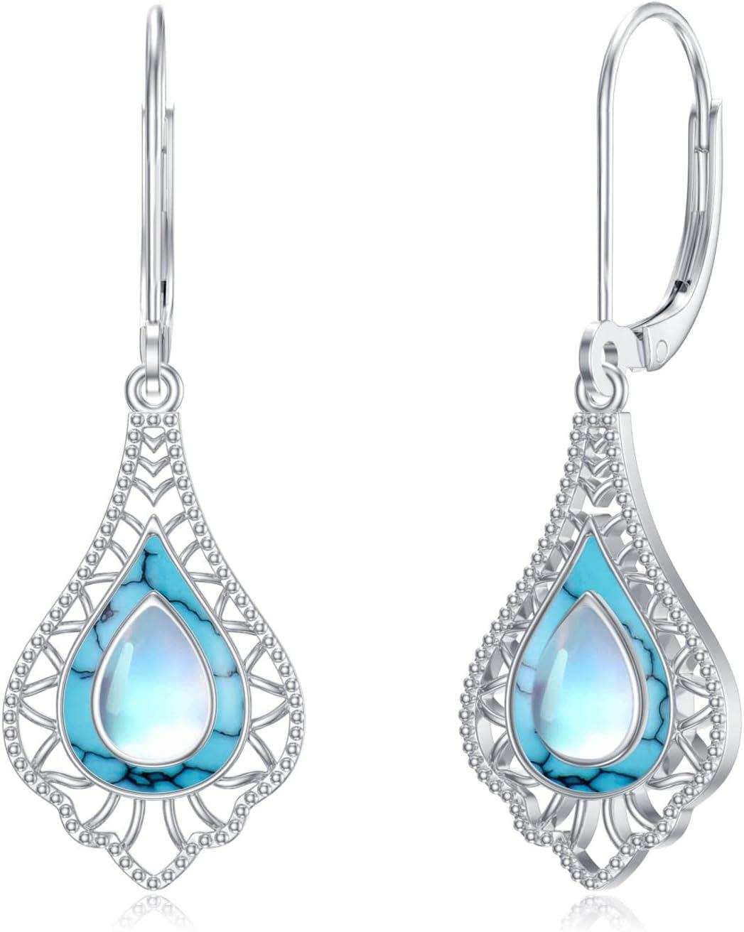 wholesale 925 Sterling Silver Moonstone & Turquoise Teardrop Bohemian Dangle Earrings with Leverbacks-0-0