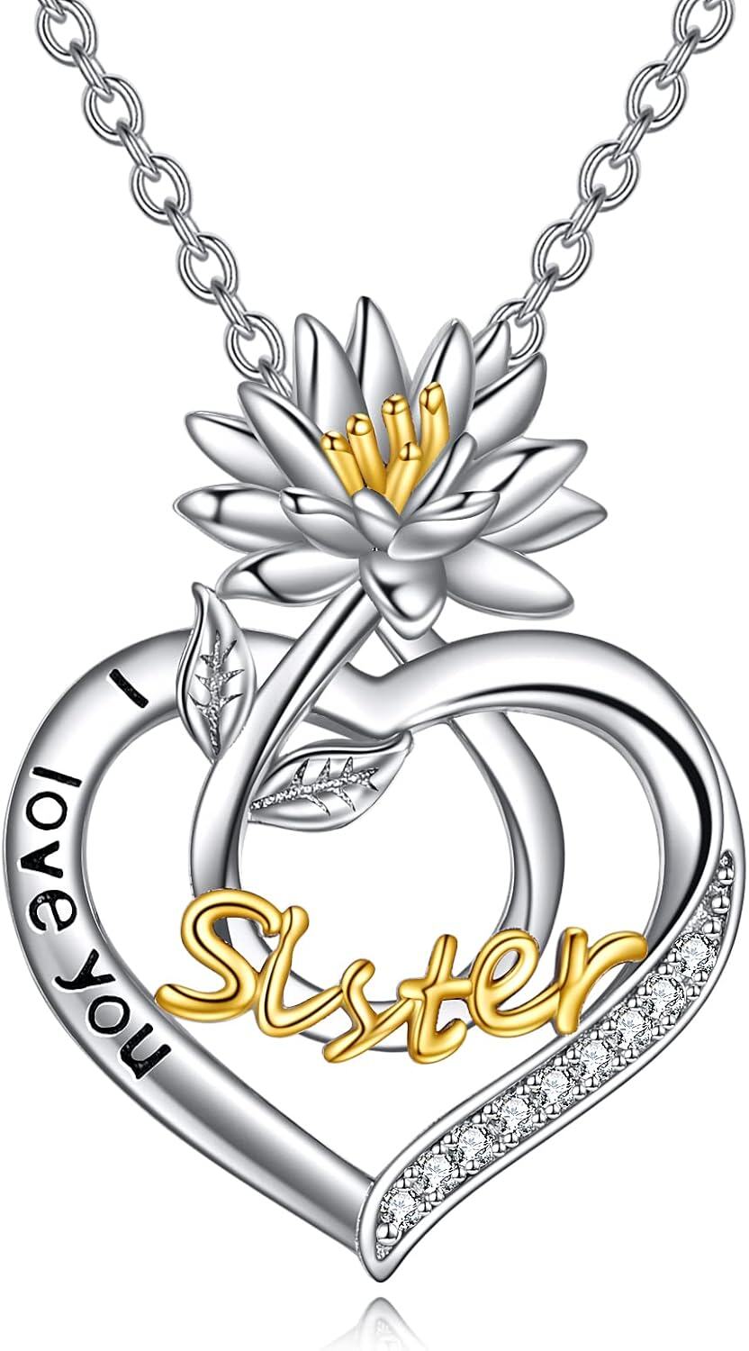  Sterling Silver Birth Flower Sister Necklace I Love You Sister Pendant Fashion Jewelry Gift for Women -01-January-Snow Lotus