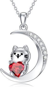 wholesale 925 Sterling Silver Birthstone Cat Pendant Necklace for Women-01 January-Garnet