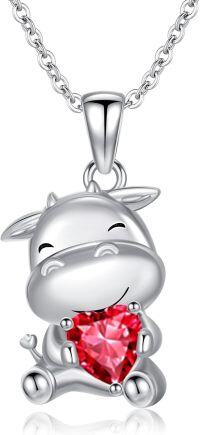 wholesale Sterling Silver 12 Month Birthstones Animals Necklace for Women Daughter (Axolotl Cow Pig Cat) Birthday Christmas Graduation Gift-02-07-Cow-Jul.-02-07-Cow-Jul.