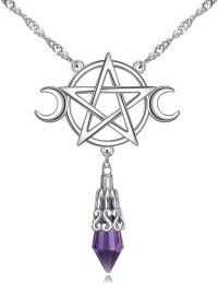 wholesale 925 Sterling Silver Purple Crystal Pentagram Triple Moon Goddess Pendant Necklace Wiccan Witchcraft s for Her-triple moon