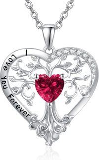 wholesale Sterling Silver Birthstone Tree of Life Heart Pendant Necklace for Women-07 Jul - Ruby