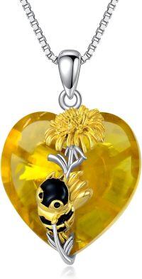 wholesale 925 Sterling Silver Heart-Shaped Citrine Sunflower Pendant Necklace with Bee Charm Gift for Her-Sunflower Bee