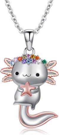 wholesale  Sterling Silver Birthstone Highland Cow Panda Fox Frog Koala Guinea Pig Elephant Necklace Gift -Axolotl