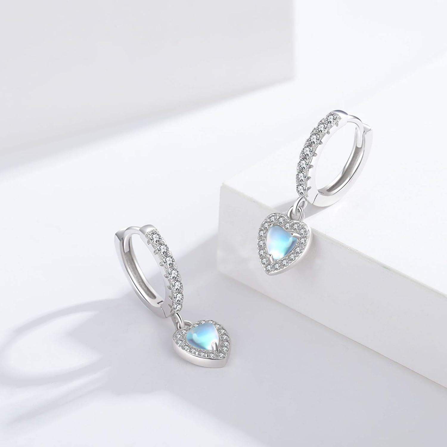 925 Sterling Silver Heart-Shaped Moonstone & Cubic Zirconia Huggie Hoops with Blue Stone Drops for Women Girls  4cm Long-0-1