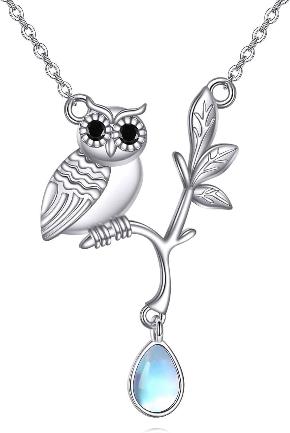 925 Sterling Silver Owl Teardrop Pendant Necklace with Moonstone and Branch Charm-0-0