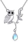 wholesale 925 Sterling Silver Owl Teardrop Pendant Necklace with Moonstone and Branch Charm-0-0