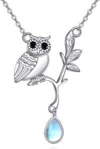 wholesale 925 Sterling Silver Owl Teardrop Pendant Necklace with Moonstone and Branch Charm-Owl Necklace