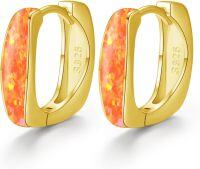 wholesale 925 Sterling Silver & Yellow Gold-Plated Orange Fire Opal Huggie Hoop Earrings for Women-14K gold-Red
