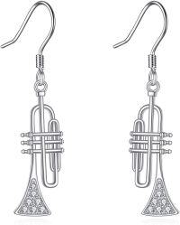 wholesale 925 Sterling Silver Trumpet Shape Dangle Earrings with Cubic Zirconia Stones - Musician's Gift for Her-Trumpet
