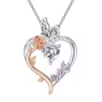 TOUPOP Sterling Silver Diamond April Birthstone Rose Heart Butterfly Pendant Necklace-undefined