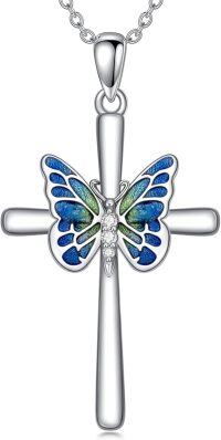 wholesale 925 Sterling Silver Cross with Blue Enamel Butterfly Pendant Necklace for Women-Butterfly & Cross
