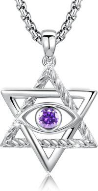 wholesale 925 Sterling Silver Star of David Evil Eye Pendant with Birthstone-A2-Feburary
